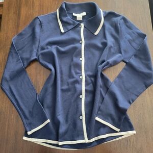 Vintage Doncaster Navy Blue Silk Button Up Cardigan White Trim Women’s Large
